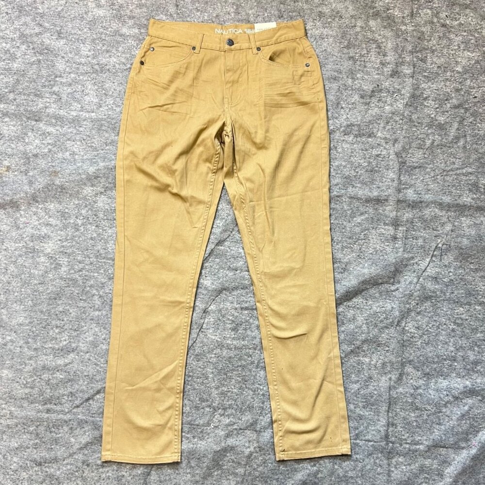Nautica Mens Skinny Fit Stretch Khaki Pants Size L 14/16 Tan Denim SlimTapered